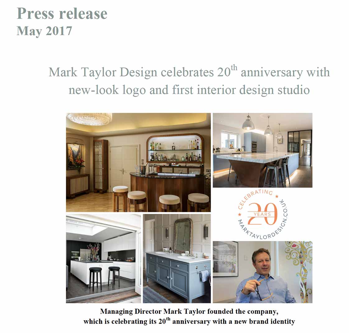 Mark Taylor Design celebrates 20th anniversary with new – look logo and first interior design studio