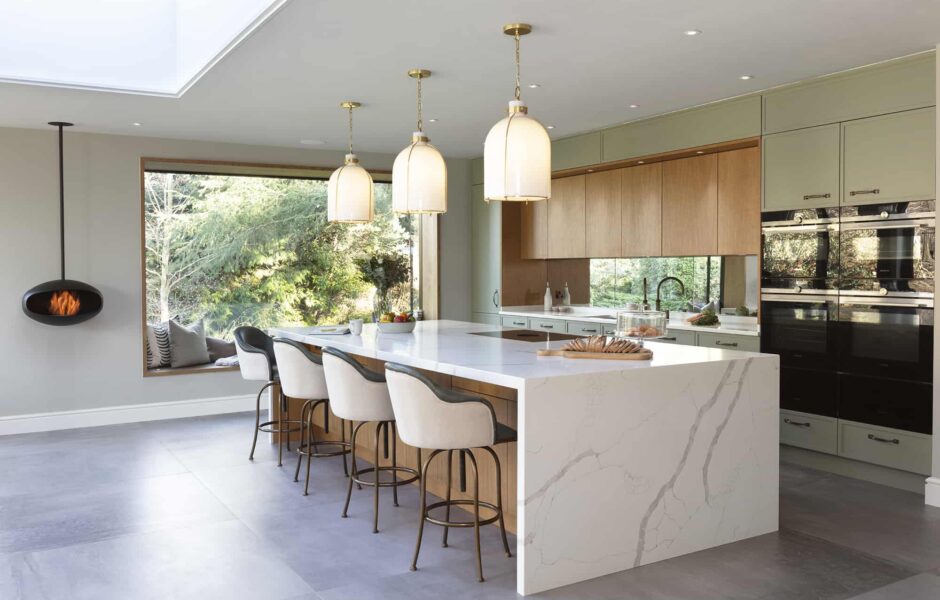 Contemporary Green and Stained Oak Skinny Shaker kitchen with waterfall island