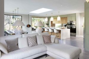 Contemporary kitchen, dining and living room